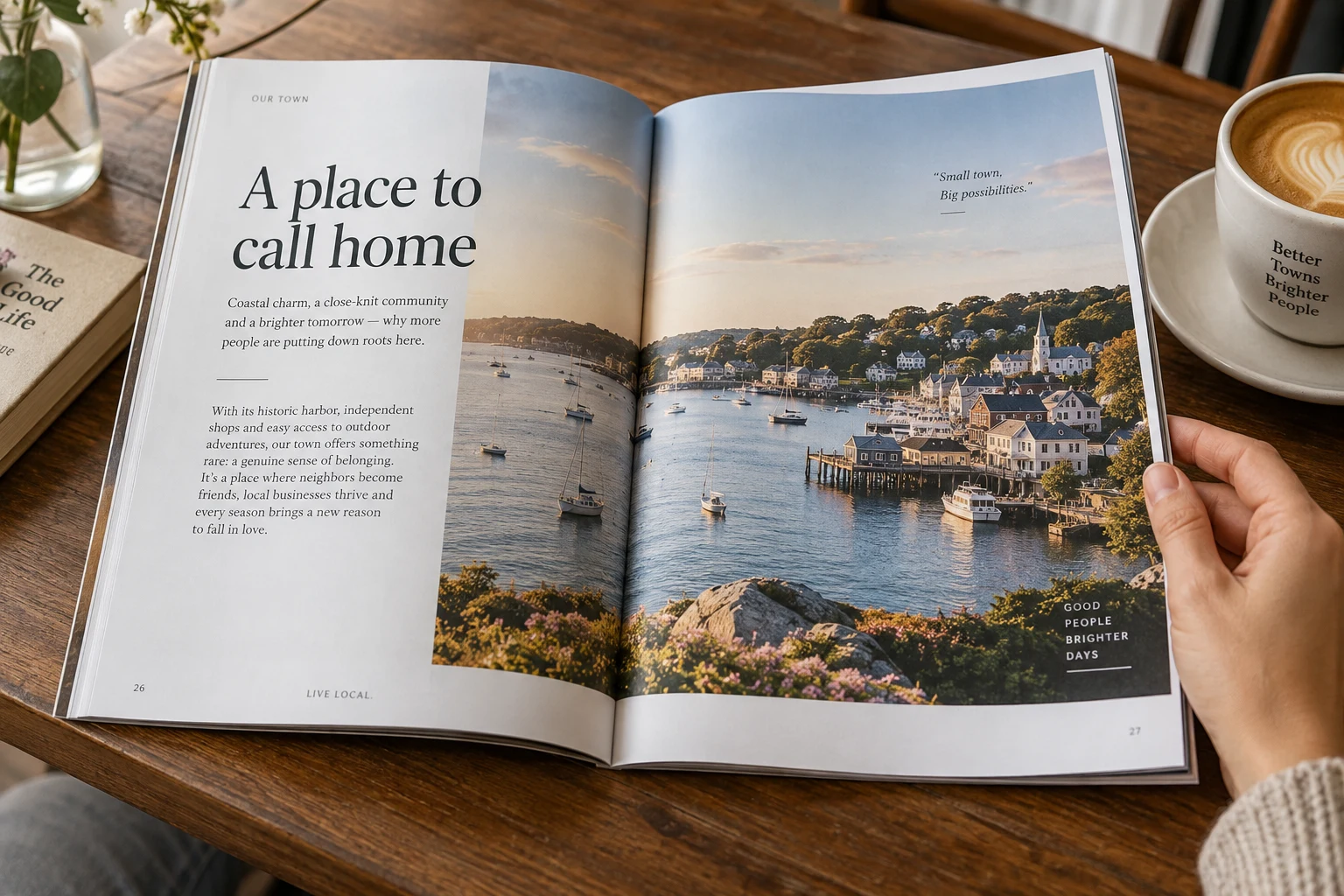 An open local magazine with a coastal community feature on a café table